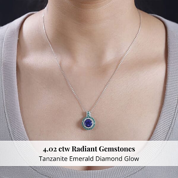 Certified & Appraised Rhapsody AAAA Tanzanite Colombian Emerald And E-F VS Diamond 4.02 Ctw Pendant Necklace In 950 Platinum 6 Grams 18 Inches