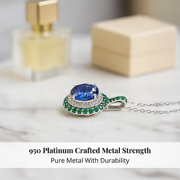 Certified & Appraised Rhapsody AAAA Tanzanite Colombian Emerald And E-F VS Diamond 4.02 Ctw Pendant Necklace In 950 Platinum 6 Grams 18 Inches