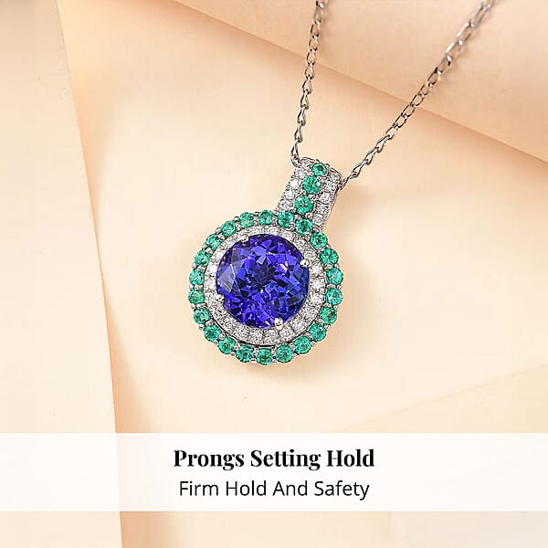 Certified & Appraised Rhapsody AAAA Tanzanite Colombian Emerald And E-F VS Diamond 4.02 Ctw Pendant Necklace In 950 Platinum 6 Grams 18 Inches