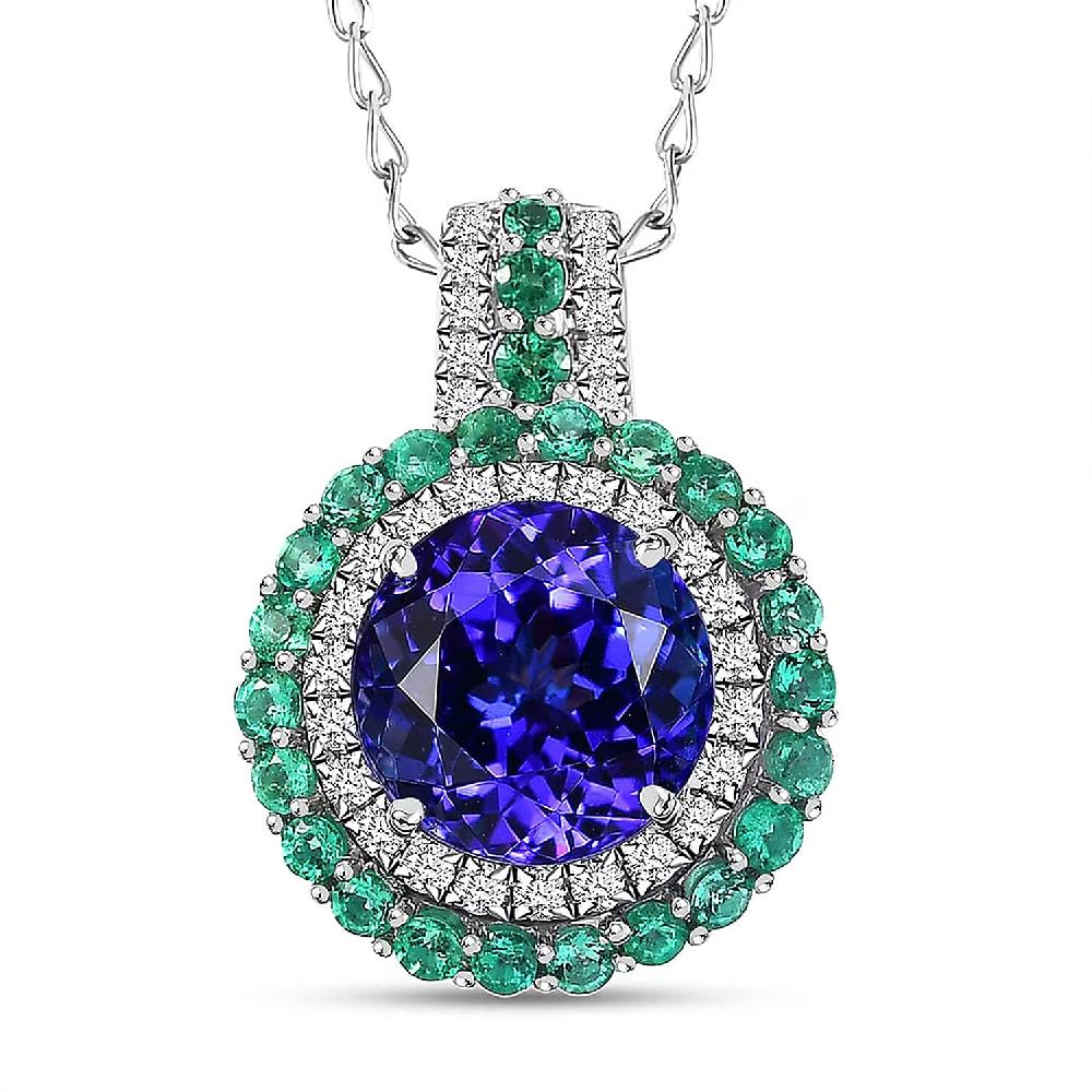 Certified & Appraised Rhapsody AAAA Tanzanite Colombian Emerald and E-F VS Diamond 4.02 ctw Pendant Necklace in 950 Platinum 6 Grams 18 Inches