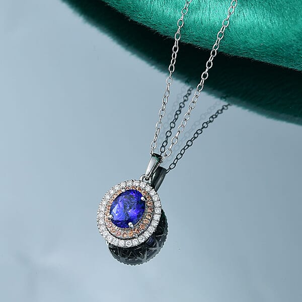 Certified & Appraised Rhapsody AAAA Tanzanite Padparadscha Sapphire And E-F VS Diamond 3.00 Ctw Pendant Necklace In 950 Platinum 20 Inches