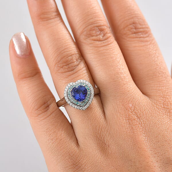 Certified & Appraised Rhapsody AAAA Tanzanite Paraiba Tourmaline And E-F VS2 Diamond 2.20 Ctw Heart Ring In 950 Platinum 8.80 Grams