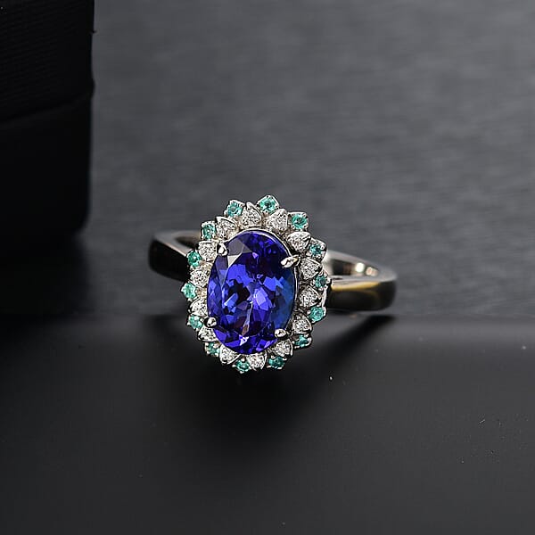 Certified & Appraised Rhapsody AAAA Tanzanite Paraiba Tourmaline And E-F VS2 Diamond 3.55 Ctw Ring In 950 Platinum 10.90 Grams
