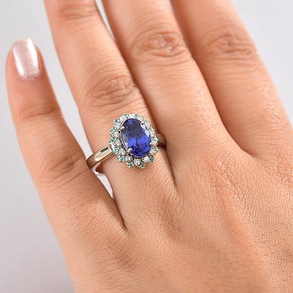 Certified & Appraised Rhapsody AAAA Tanzanite Paraiba Tourmaline And E-F VS2 Diamond 3.55 Ctw Ring In 950 Platinum 10.90 Grams