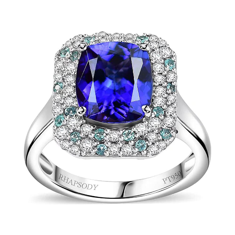 Certified & Appraised Rhapsody AAAA Tanzanite Paraiba Tourmaline and E-F VS Diamond 4.25 ctw Ring in 950 Platinum 8.20 Grams