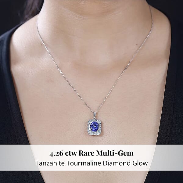 Certified & Appraised Rhapsody AAAA Tanzanite Paraiba Tourmaline And E-F VS Diamond 4.26 Ctw Pendant Necklace In 950 Platinum 18 Inches 6.06 Grams