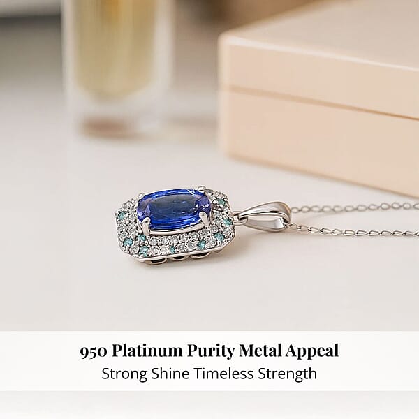 Certified & Appraised Rhapsody AAAA Tanzanite Paraiba Tourmaline And E-F VS Diamond 4.26 Ctw Pendant Necklace In 950 Platinum 18 Inches 6.06 Grams