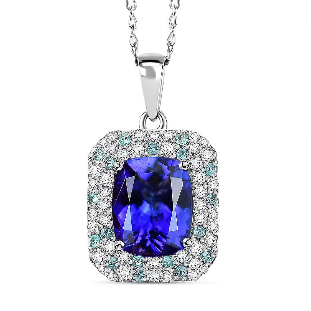 Certified & Appraised Rhapsody AAAA Tanzanite Paraiba Tourmaline and E-F VS Diamond 4.26 ctw Pendant Necklace in 950 Platinum 18 Inches 6.06 Grams