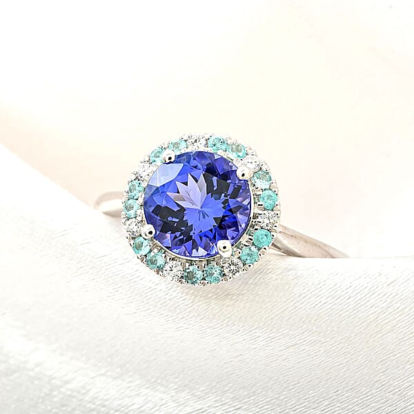 Certified & Appraised Rhapsody AAAA Tanzanite Paraiba Tourmaline And E-F VS Diamond 2.15 Ctw Ring In 950 Platinum 6.35 Grams