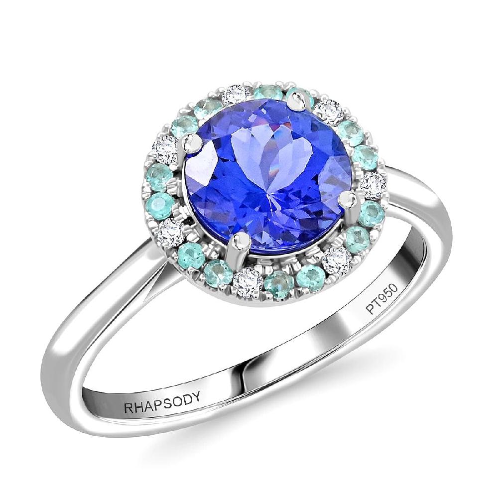 Certified & Appraised Rhapsody AAAA Tanzanite Paraiba Tourmaline and E-F VS Diamond 2.15 ctw Ring in 950 Platinum 6.35 Grams