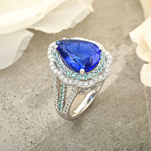 Certified & Appraised Rhapsody AAAA Tanzanite Paraiba Tourmaline And E-F VS Diamond 6.73 Ctw Ring In 950 Platinum 11.50 Grams