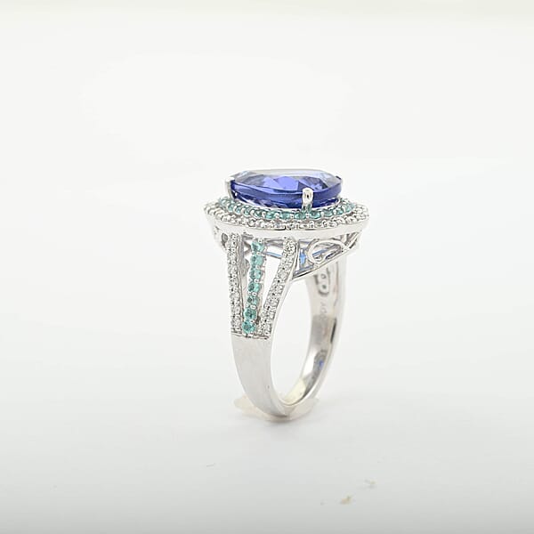 Certified & Appraised Rhapsody AAAA Tanzanite Paraiba Tourmaline And E-F VS Diamond 6.73 Ctw Ring In 950 Platinum 11.50 Grams