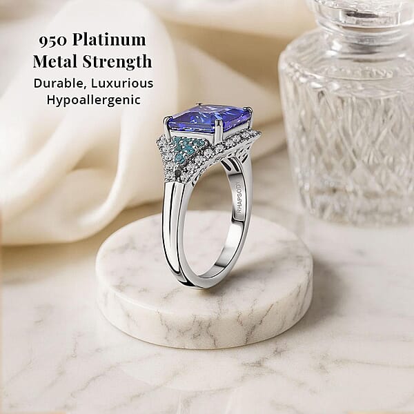 Certified & Appraised Rhapsody AAAA Tanzanite Paraiba Tourmaline And E-F VS2 Diamond 4.37 Ctw Ring In 950 Platinum 7.50 Grams