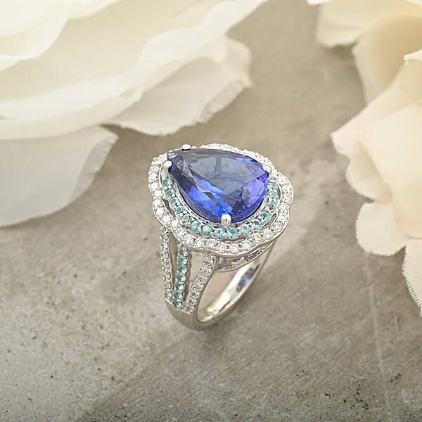 Certified & Appraised Rhapsody AAAA Tanzanite Paraiba Tourmaline And E-F VS Diamond 6.73 Ctw Ring In 950 Platinum 11.50 Grams