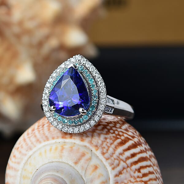 Certified & Appraised Rhapsody AAAA Tanzanite Paraiba Tourmaline And E-F VS2 Diamond 4.50 Ctw Ring In 950 Platinum 9.60 Grams