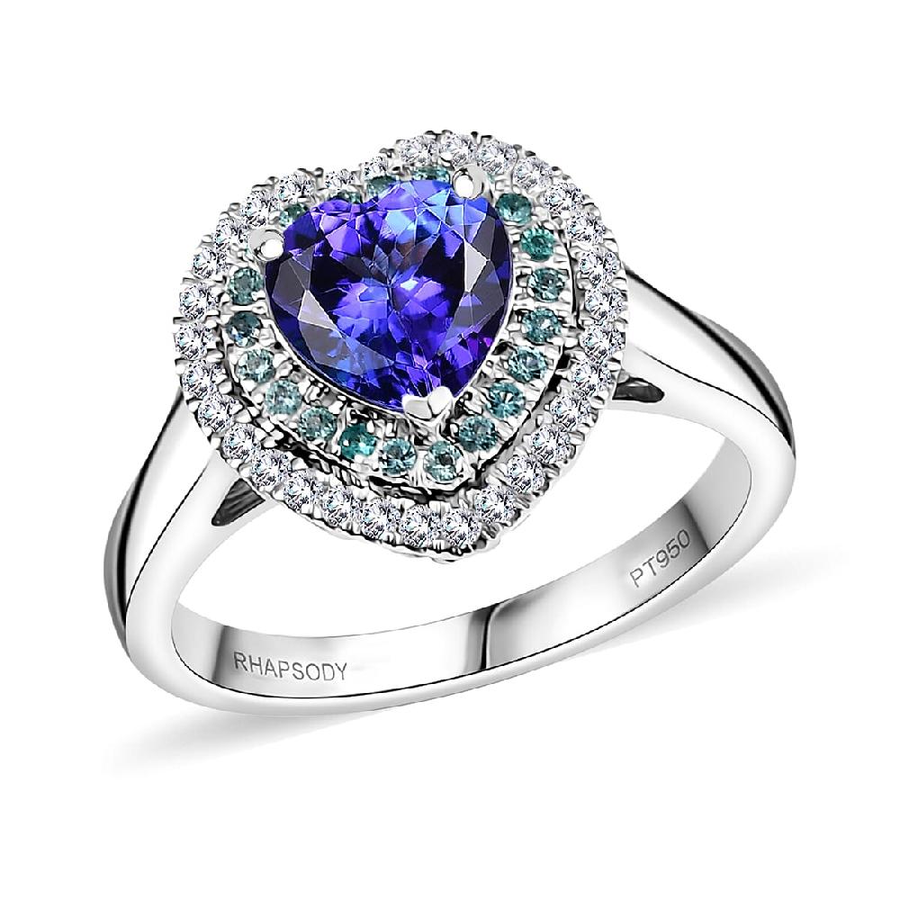 Certified & Appraised Rhapsody AAAA Tanzanite Paraiba Tourmaline and E-F VS2 Diamond 2.20 ctw Heart Ring in 950 Platinum 8.80 Grams