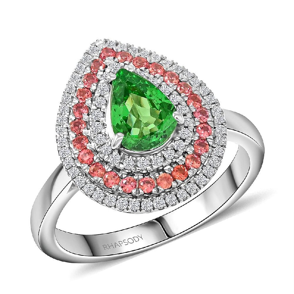 Certified & Appraised Rhapsody AAAA Tsavorite Garnet Padparadscha Sapphire and E-F VS Diamond 1.85 ctw Ring in 950 Platinum 7.85 Grams