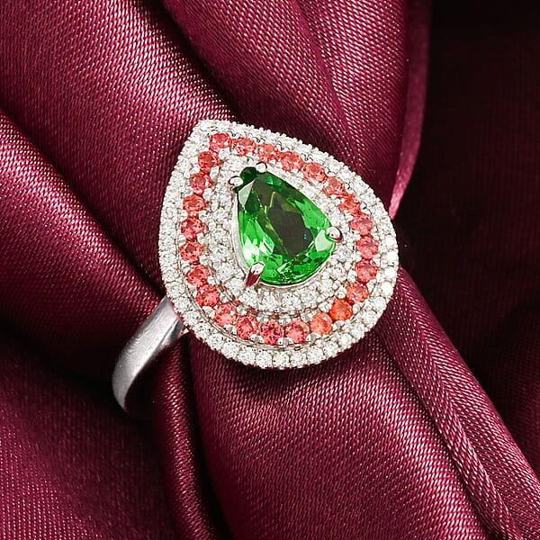 Certified & Appraised Rhapsody AAAA Tsavorite Garnet Padparadscha Sapphire And E-F VS Diamond 1.85 Ctw Ring In 950 Platinum 7.85 Grams