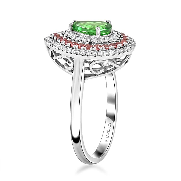 Certified & Appraised Rhapsody AAAA Tsavorite Garnet Padparadscha Sapphire And E-F VS Diamond 1.85 Ctw Ring In 950 Platinum 7.85 Grams