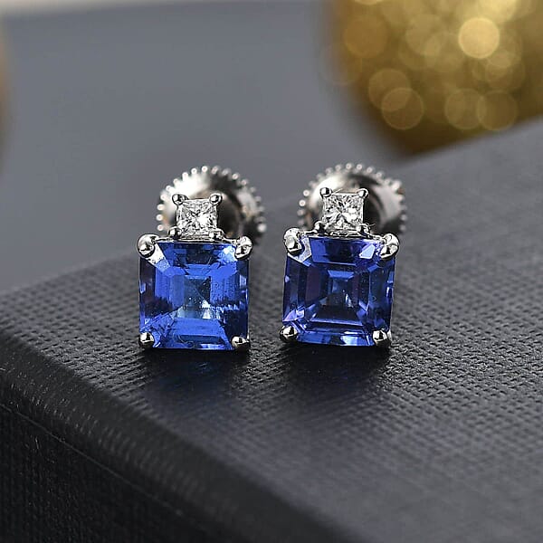 Certified & Appraised Rhapsody Asscher Cut AAAA Tanzanite And E-F VS Diamond 2.69 Ctw Earrings In 950 Platinum