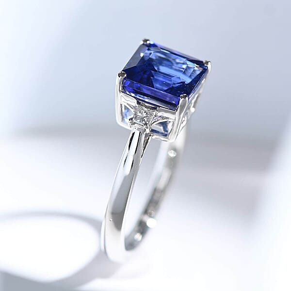 Certified & Appraised Rhapsody Asscher Cut AAAA Tanzanite And E-F VS Diamond 3.00 Ctw Ring In 950 Platinum 5.55 Grams