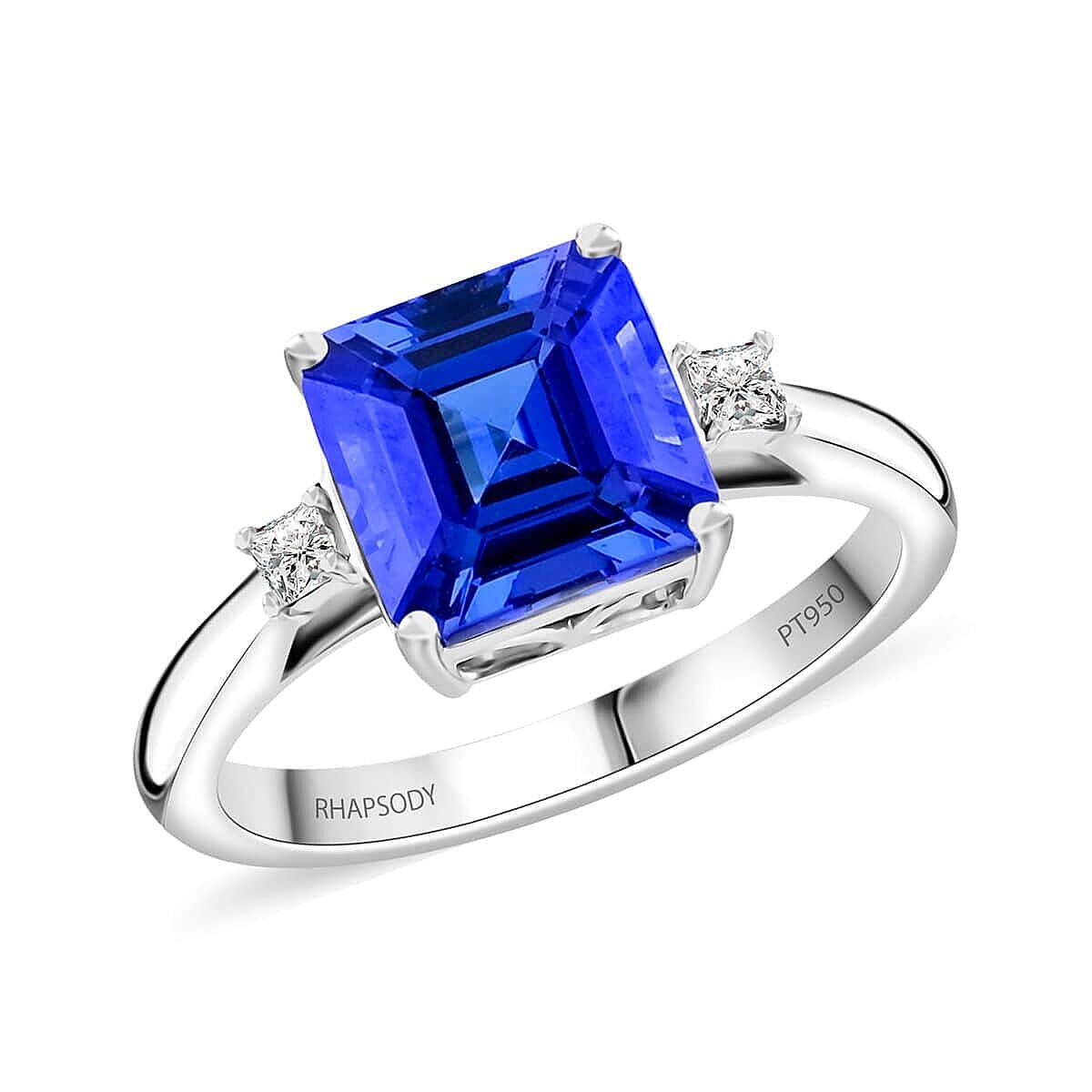 Certified & Appraised Rhapsody Asscher Cut AAAA Tanzanite and E-F VS Diamond 3.00 ctw Ring in 950 Platinum 5.55 Grams