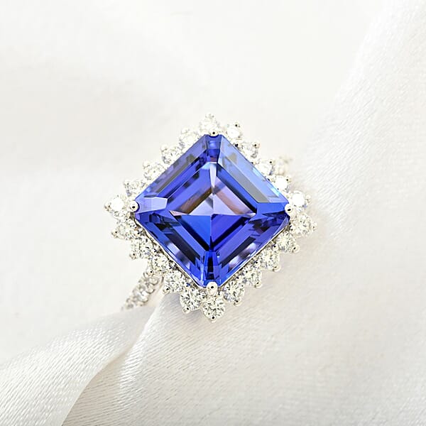 Certified & Appraised Rhapsody Asscher Cut AAAA Tanzanite And E-F VS Diamond 7.30 Ctw Ring In 950 Platinum 7.03 Grams