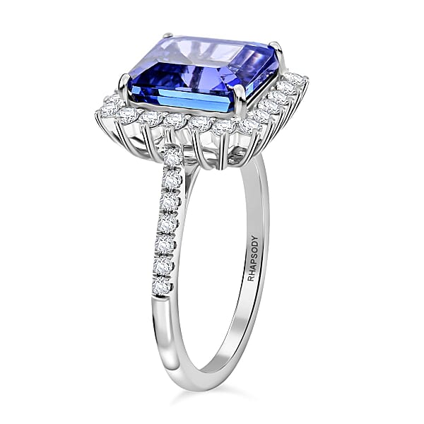 Certified & Appraised Rhapsody Asscher Cut AAAA Tanzanite And E-F VS Diamond 7.30 Ctw Ring In 950 Platinum 7.03 Grams