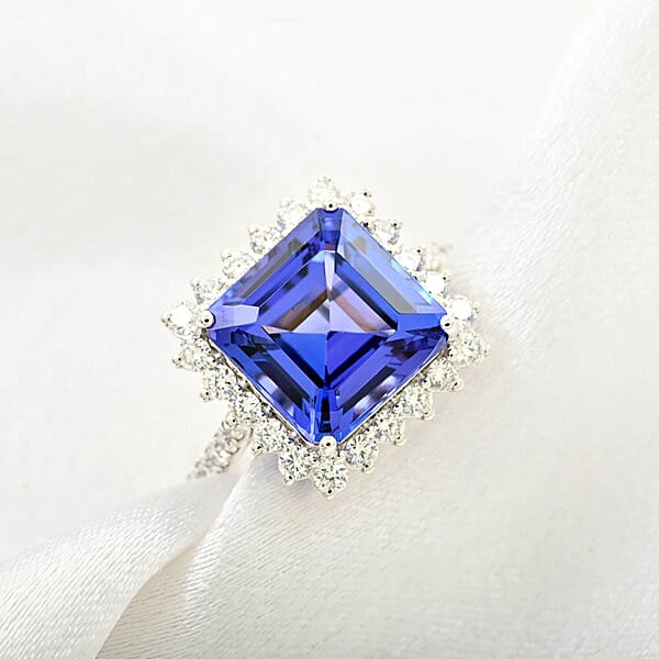 Certified & Appraised Rhapsody Asscher Cut AAAA Tanzanite And E-F VS Diamond 7.30 Ctw Ring In 950 Platinum 7.03 Grams