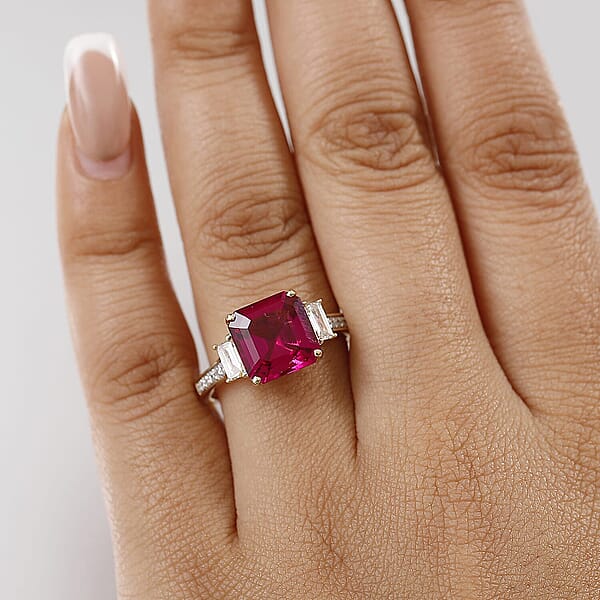 Certified Asscher Cut AAA Luxuriant Lab Grown Bixbite Lab Grown Diamond Ring In 10K Yellow Gold 4.59 Ctw