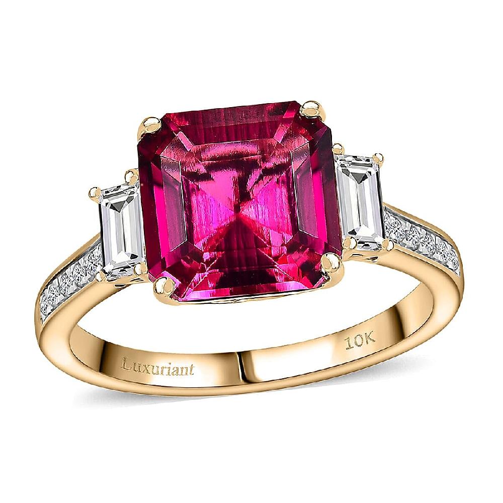 Certified Asscher Cut AAA Luxuriant Lab Grown Bixbite Lab Grown Diamond Ring in 10K Yellow Gold 4.59 ctw