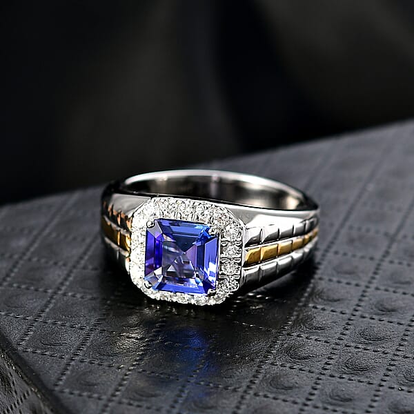 Certified Asscher Cut AAA Tanzanite Diamond Dual-Tone Men's Ring In 10K White And Yellow Gold 3.00 Ctw
