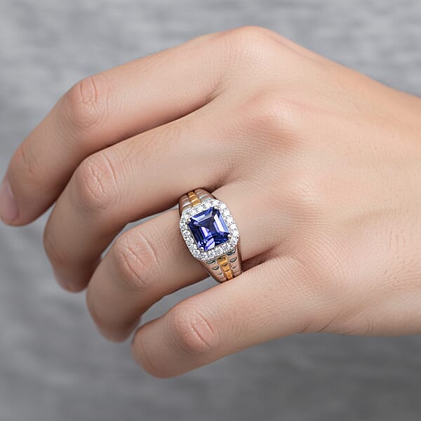 Certified Asscher Cut AAA Tanzanite Diamond Dual-Tone Men's Ring In 10K White And Yellow Gold 3.00 Ctw