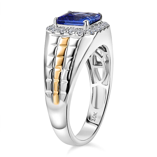 Certified Asscher Cut AAA Tanzanite Diamond Dual-Tone Men's Ring In 10K White And Yellow Gold 3.00 Ctw
