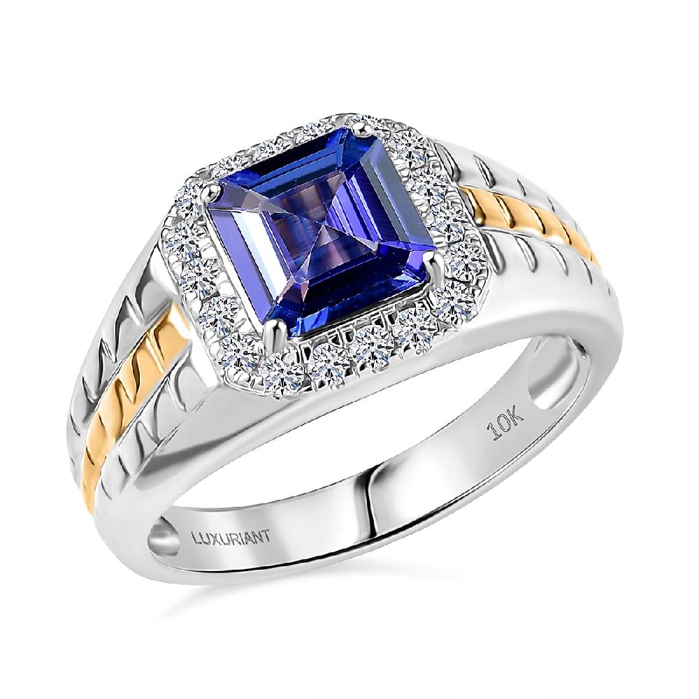 Certified Asscher Cut AAA Tanzanite Diamond Dual-Tone Men's Ring in 10K White and Yellow Gold 3.00 ctw