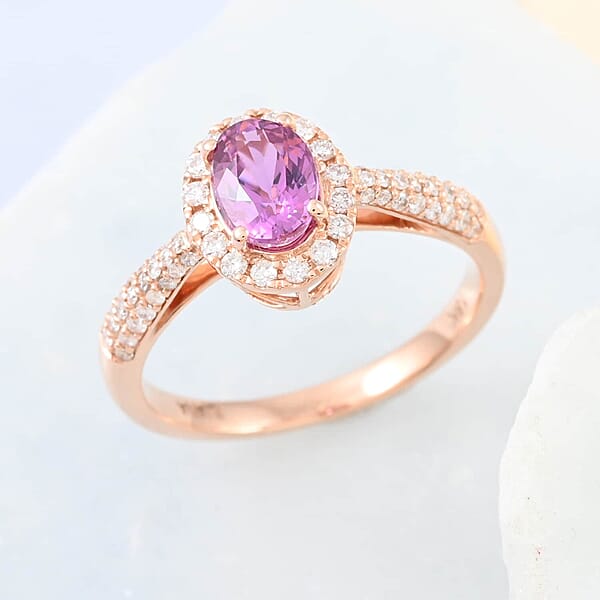 Certified Iliana 18K Rose Gold AAA Madagascar Pink Sapphire And G-H SI Diamond Halo Ring 1.35 Ctw