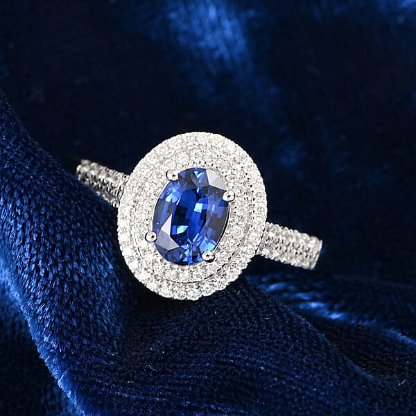 Certified Iliana 18K White Gold AAA Royal Ceylon Sapphire And G-H SI Diamond Double Halo Ring 2.80 Ctw