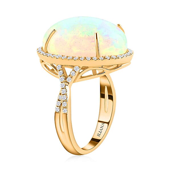 Certified Iliana 18K Yellow Gold AAA Ethiopian Welo Opal And G-H SI Diamond Halo Ring 5.85 Grams 9.50 Ctw