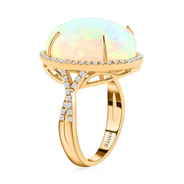 Certified Iliana 18K Yellow Gold AAA Ethiopian Welo Opal And G-H SI Diamond Halo Ring 5.85 Grams 9.50 Ctw