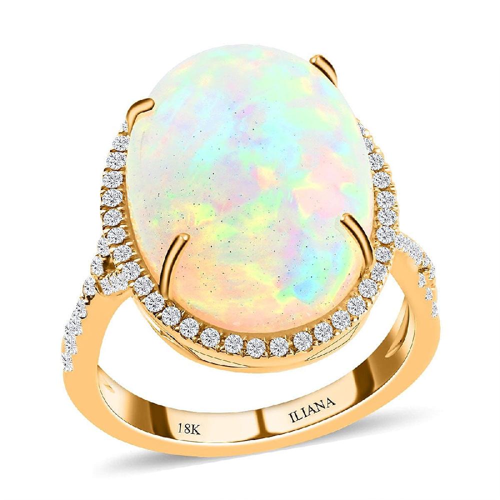 Certified Iliana 18K Yellow Gold AAA Ethiopian Welo Opal and G-H SI Diamond Halo Ring 5.85 Grams 9.50 ctw