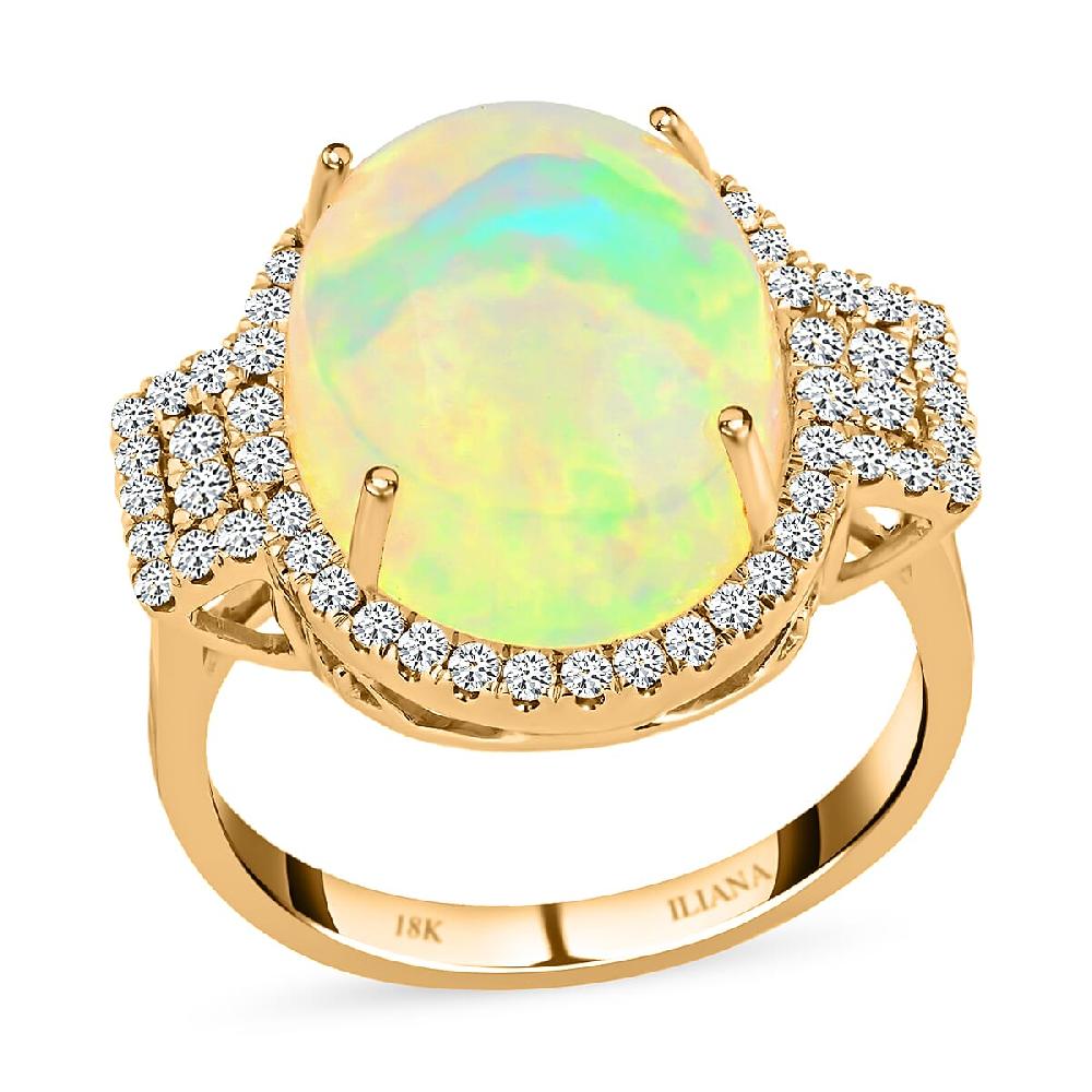 Certified Iliana 18K Yellow Gold AAA Ethiopian Welo Opal and G-H SI Diamond Ring 5.60 Grams 7.40 ctw