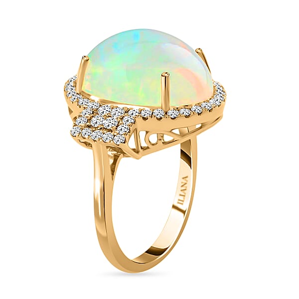 Certified Iliana 18K Yellow Gold AAA Ethiopian Welo Opal And G-H SI Diamond Ring 5.60 Grams 7.40 Ctw
