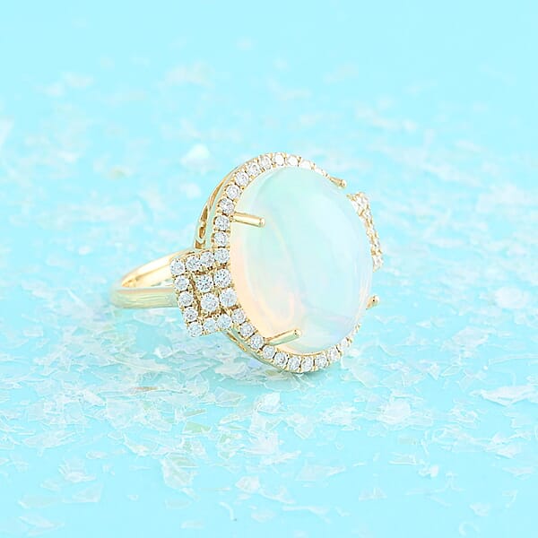Certified Iliana 18K Yellow Gold AAA Ethiopian Welo Opal And G-H SI Diamond Halo Ring 5.60 Grams 7.40 Ctw