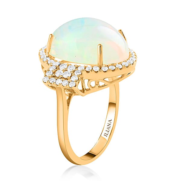 Certified Iliana 18K Yellow Gold AAA Ethiopian Welo Opal And G-H SI Diamond Halo Ring 5.60 Grams 7.40 Ctw