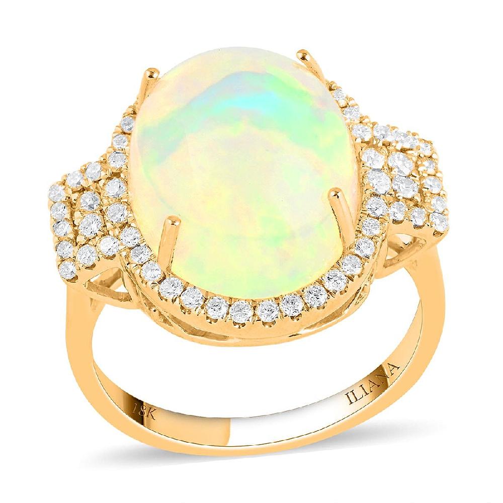 Certified Iliana 18K Yellow Gold AAA Ethiopian Welo Opal and G-H SI Diamond Halo Ring 5.60 Grams 7.40 ctw