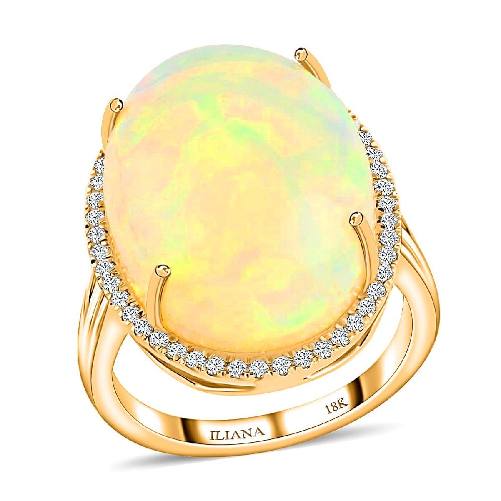 Certified Iliana 18K Yellow Gold AAA Ethiopian Welo Opal and G-H SI Diamond Ring 7.85 Grams 12.85 ctw