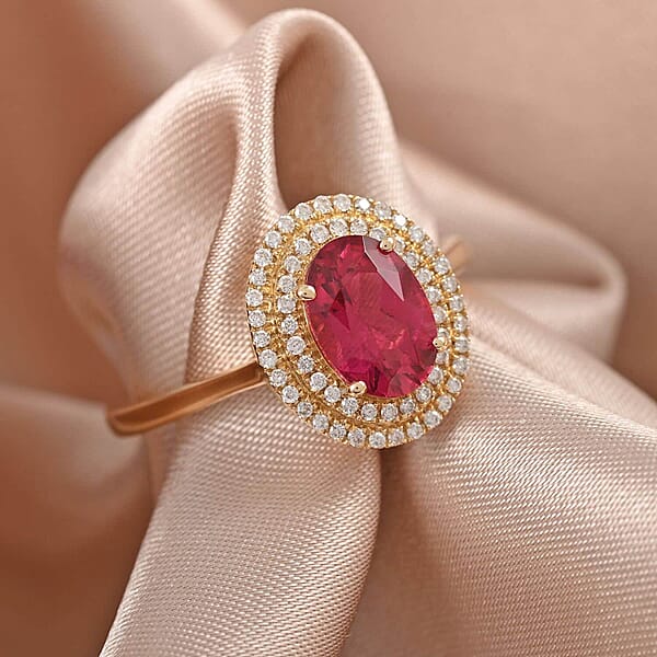 Certified Iliana 18K Yellow Gold AAA Ouro Fino Rubellite And G-H SI Diamond Double Halo Ring 1.60 Ctw