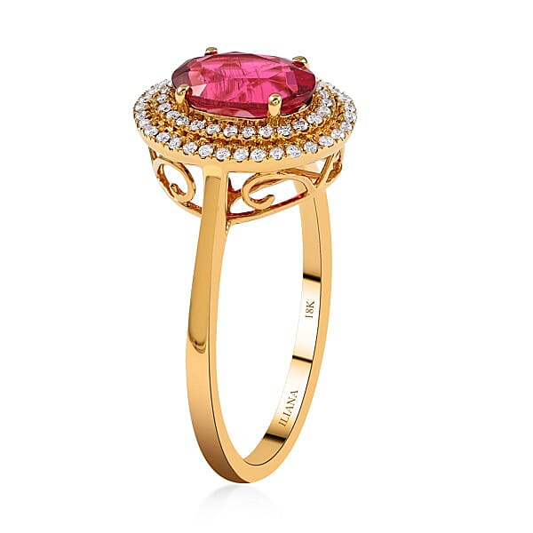 Certified Iliana 18K Yellow Gold AAA Ouro Fino Rubellite And G-H SI Diamond Double Halo Ring 1.60 Ctw
