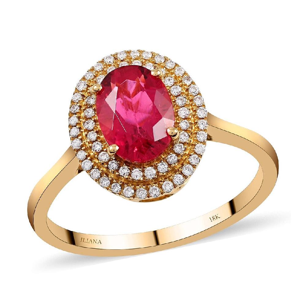 Certified Iliana 18K Yellow Gold AAA Ouro Fino Rubellite and G-H SI Diamond Double Halo Ring 1.60 ctw