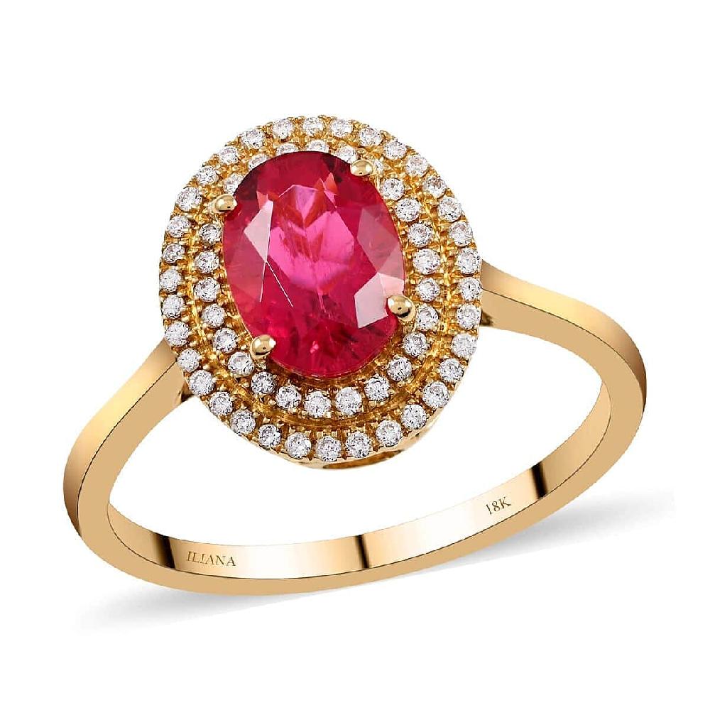 Certified Iliana 18K Yellow Gold AAA Ouro Fino Rubellite and G-H SI Diamond Double Halo Ring 1.60 ctw